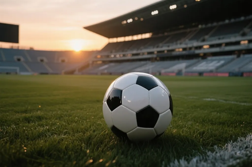 A soccer ball resting on the grass of a high-end stadium pitch during sunset